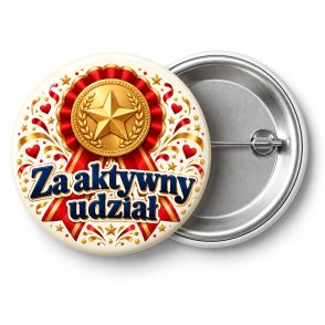 Przypinka Za Aktywny Udział Seniora: kolorowa przypinka na Dzień Seniora z napisem Za aktywny udział – przód i aluminiowy tył z agrafką