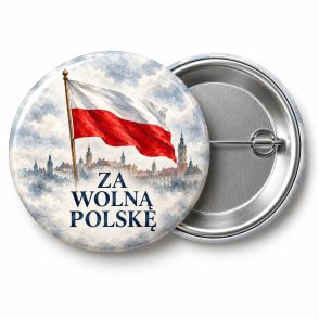 Przypinka Za Wolną Polskę Flaga: przypinka na 11 Listopada z napisem ZA WOLNĄ POLSKĘ – przód i aluminiowy tył z agrafką