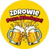 Wzór: Przypinka Zdrowie Pana Młodego Komiksowy Toast – grafika z napisem Zdrowie Pana Młodego!