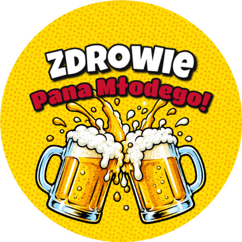Wzór: Przypinka Zdrowie Pana Młodego Komiksowy Toast – grafika z napisem Zdrowie Pana Młodego!