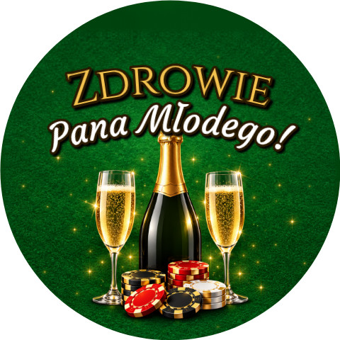 Wzór: Przypinka Zdrowie Pana Młodego Szampan przy Stole – grafika z napisem Zdrowie Pana Młodego!