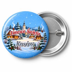 Przypinka Zimowa Wioska: przypinka na Boże Narodzenie z napisem Zimowe Święta oraz polem miejscowość (np. Kosów) – przód i aluminiowy tył z agrafką