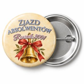Przypinka Zjazd Absolwentów Dzwonek: przypinka na spotkanie klasowe z napisem Zjazd absolwentów oraz polem rocznik (np. Rocznik 2001) – przód i aluminiowy tył z agrafką