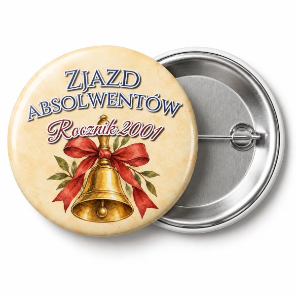 Przypinka Zjazd Absolwentów Dzwonek: przypinka na spotkanie klasowe z napisem Zjazd absolwentów oraz polem rocznik (np. Rocznik 2001) – przód i aluminiowy tył z agrafką