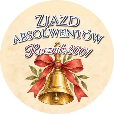 Wzór: Przypinka Zjazd Absolwentów Dzwonek – napis Zjazd absolwentów i pole rocznik na eleganckiej grafice