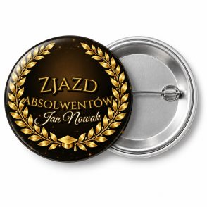 Przypinka Zjazd Absolwentów Złoty Biret: przypinka na spotkanie klasowe z napisem Zjazd absolwentów oraz polem imię i nazwisko (np. Jan Nowak) – przód i aluminiowy tył z agrafką