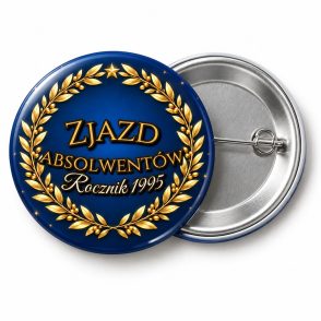 Przypinka Zjazd Absolwentów Złoty Laur: przypinka na spotkanie klasowe z napisem Zjazd absolwentów oraz polem rocznik (np. Rocznik 1995) – przód i aluminiowy tył z agrafką