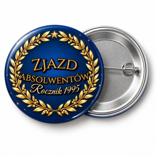 Przypinka Zjazd Absolwentów Złoty Laur: przypinka na spotkanie klasowe z napisem Zjazd absolwentów oraz polem rocznik (np. Rocznik 1995) – przód i aluminiowy tył z agrafką