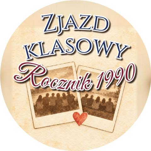 Wzór: Przypinka Zjazd Klasowy Polaroidy – napis Zjazd klasowy i pole rocznik na eleganckiej grafice