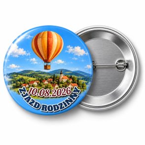 Przypinka Zjazd Rodzinny Balon: kolorowa przypinka na zjazd rodzinny z napisem ZJAZD RODZINNY oraz polem data (np. 10.08.2026) – przód i aluminiowy tył z agrafką