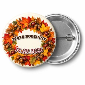 Przypinka Zjazd Rodzinny Jesienny: kolorowa przypinka na zjazd rodzinny z napisem ZJAZD RODZINNY oraz polem data (np. 14.09.2026) – przód i aluminiowy tył z agrafką