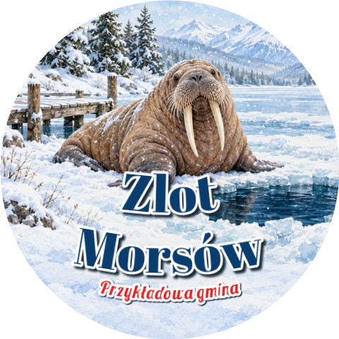 Wzór: Przypinka Zlot Morsów Gminy – napis Zlot Morsów i pole gmina na zimowej grafice