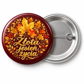 Przypinka Złota Jesień Życia: kolorowa przypinka na Dzień Seniora z napisem Złota jesień życia – przód i aluminiowy tył z agrafką