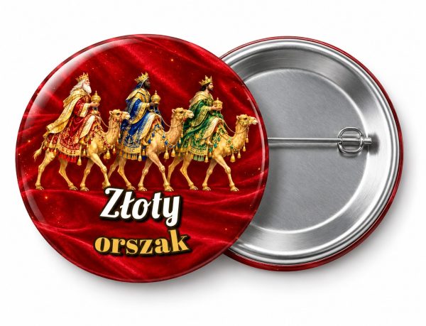 Przypinka Złoty Orszak: przypinka na Orszak Trzech Króli z napisem Złoty orszak – przód i aluminiowy tył z agrafką