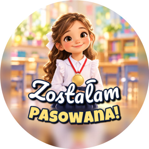 Wzór: Przypinka Zostałam Pasowana Dziewczynka z Medalem – grafika z napisem Zostałam pasowana!