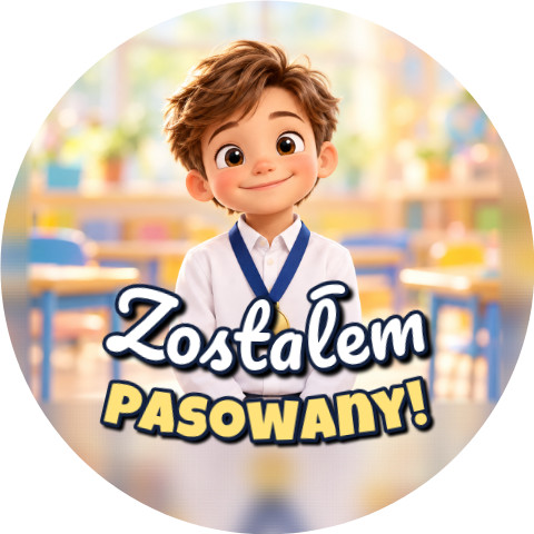 Wzór: Przypinka Zostałem Pasowany Chłopiec z Medalem – grafika z napisem Zostałem pasowany!