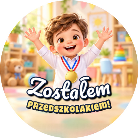 Wzór: Przypinka Zostałem Przedszkolakiem Chłopiec z Medalem – grafika z napisem Zostałem przedszkolakiem!