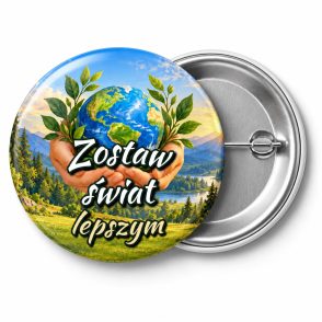 Przypinka Zostaw Świat Lepszym: przypinka na Dzień Myśli Braterskiej z napisem Zostaw świat lepszym – przód i aluminiowy tył z agrafką